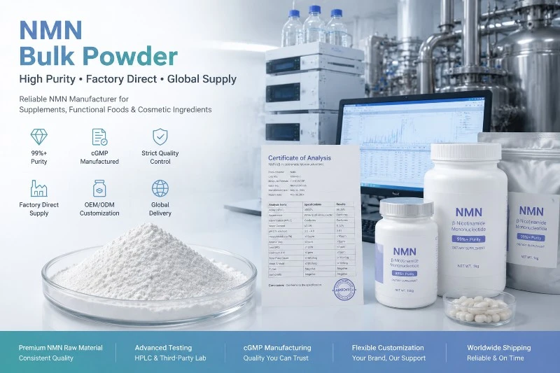 High purity NMN bulk powder manufacturer with cGMP production HPLC testing and OEM supply High purity NMN bulk powder manufacturer with cGMP production HPLC testing and OEM supply